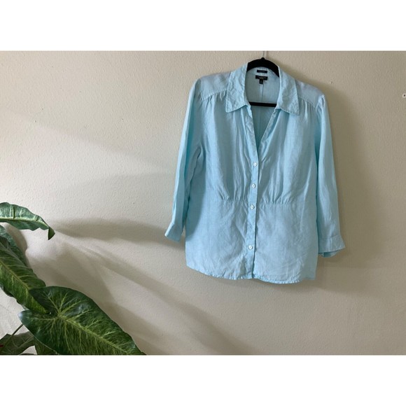 Talbots Women’s  pure Irish Linen button up v neck Robin’s egg blue Plus sz. 14 - Picture 2 of 9